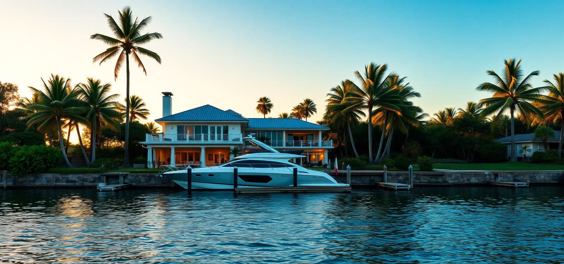 Florida Gulf Coast waterfront home with a private dock and yacht at golden hour