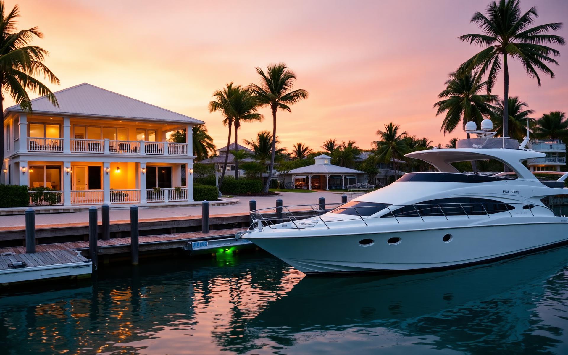 Waterfront Florida home with a private dock and yacht at golden hour
